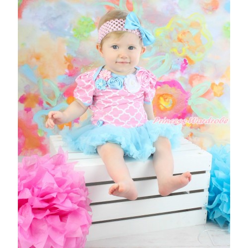 Light Pink White Quatrefoil Clover Baby Bodysuit Light Blue Pettiskirt & Blue Pink White Vintage Garden Rosettes Lacing JS4602